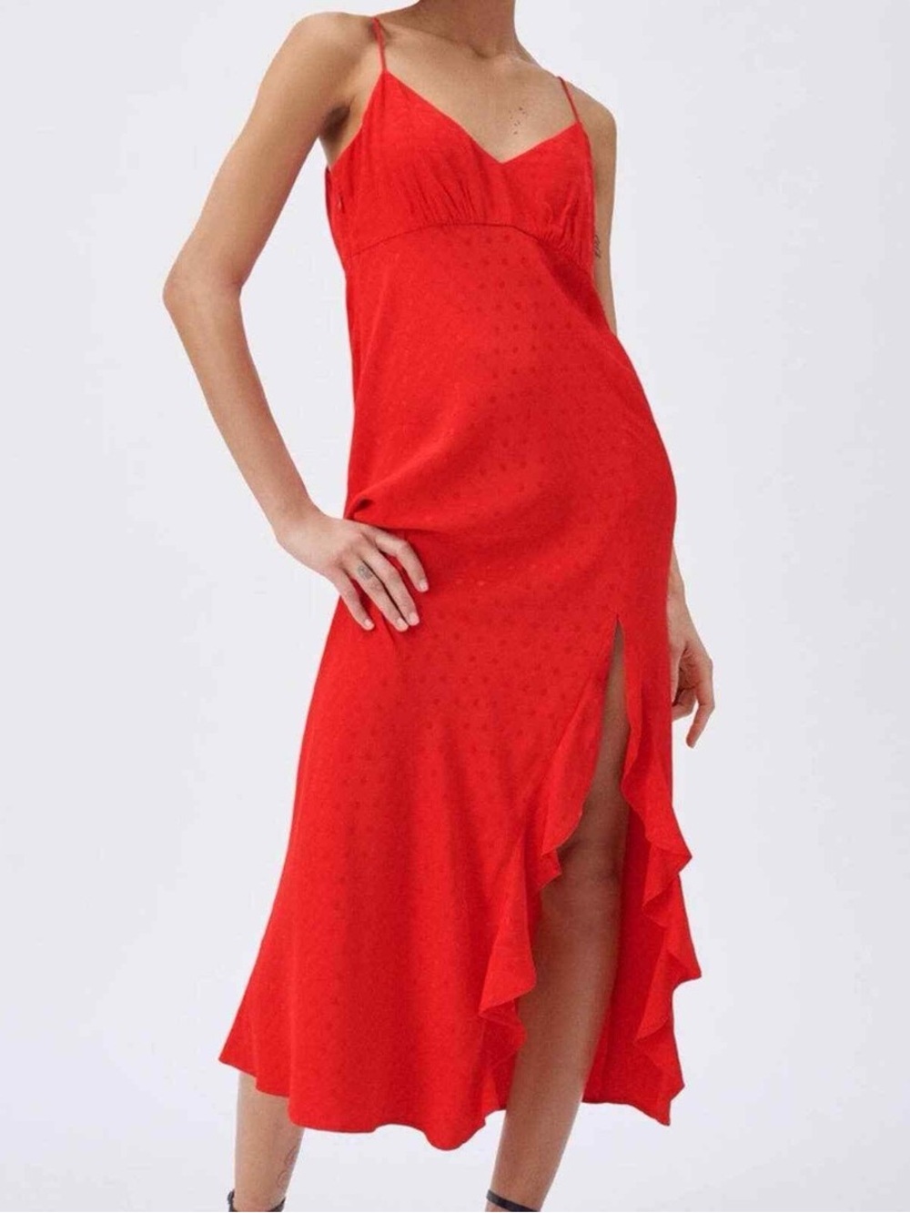 Zara Red High-Low Slip Dress with Ruffle Slit